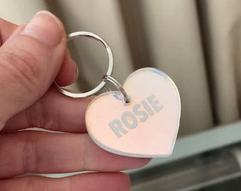 Holographic Heart Dog Tag, Custom Pet ID, Engraved Acrylic