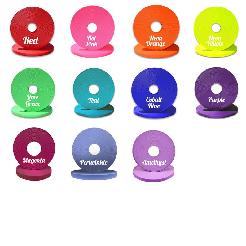 May include: Twelve color swatches of ribbon, each with a white circle in the center and the color name printed below. The colors are red, hot pink, neon orange, neon yellow, lime green, teal, cobalt blue, purple, magenta, periwinkle, and amethyst.