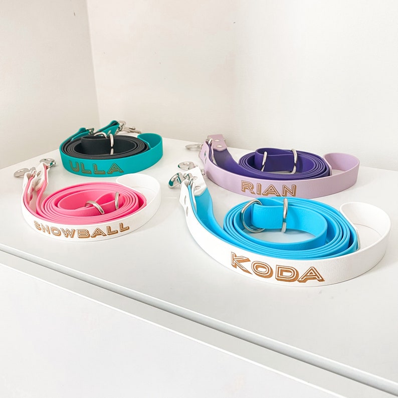 Op de afbeelding: Vier kleurrijke hondenriemen met gouden letters. De riemen zijn roze, turquoise, paars en wit met blauwe accenten. De namen "Snowball", "Ulla", "Rian" en "Koda" zijn op de riemen gedrukt.