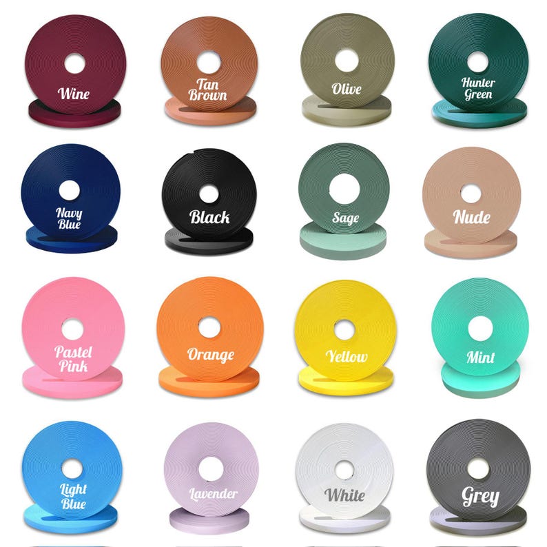May include: A collection of 16 different colored fabric samples, each with a white circle in the center. The colors include wine, tan brown, olive, hunter green, navy blue, black, sage, nude, pastel pink, orange, yellow, mint, light blue, lavender, white, and grey.