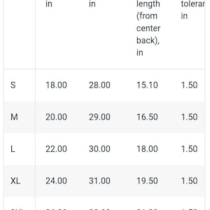 May include: A white table displaying a size chart for apparel. The chart lists sizes S to 2XL, with corresponding measurements for width, length, and sleeve length in inches. Size tolerance is also provided.