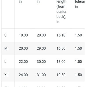 May include: A table showing size chart for clothing with measurements in inches. The table shows width, length, sleeve length, and size tolerance for sizes S, M, L, XL, and 2XL.
