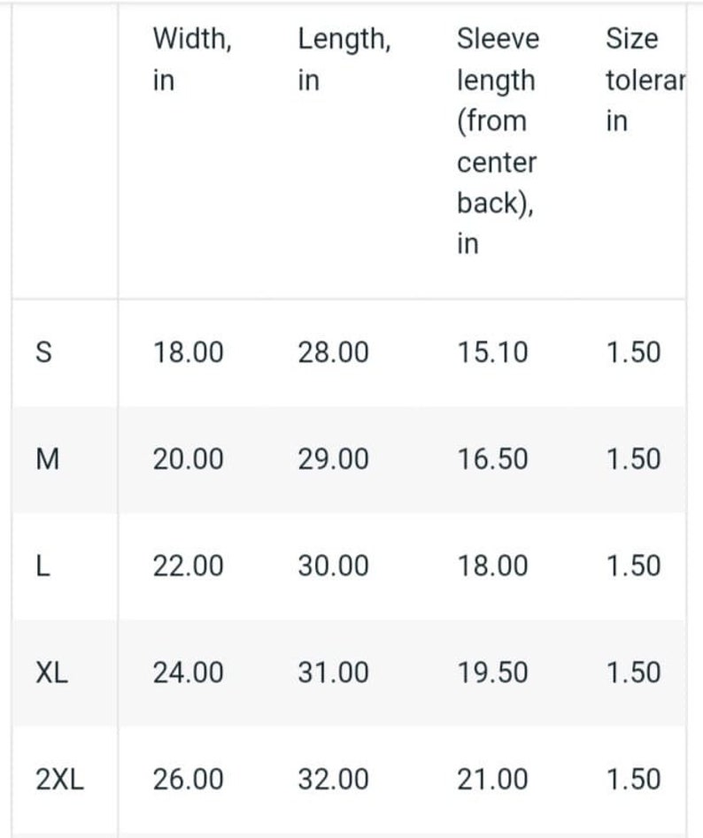 May include: A table showing size chart for clothing with measurements in inches. The table shows width, length, sleeve length, and size tolerance for sizes S, M, L, XL, and 2XL.