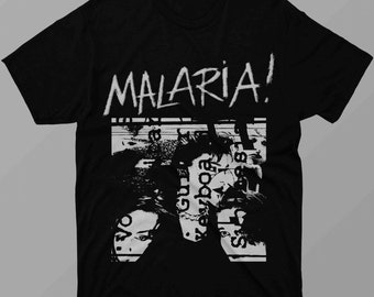 May include: Black t-shirt with a white graphic print of the word "MALARIA!" and a black and white image of three people's faces.