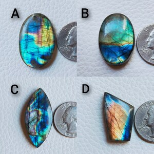 May include: Four polished labradorite gemstones in various shapes: oval, teardrop, and irregular. The stones display iridescent flashes of blue, green, and yellow. A quarter coin is included for size comparison. The gemstones are set against a neutral background.