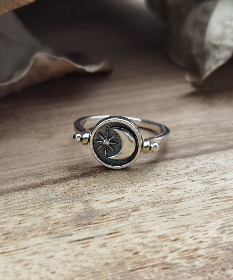 Moon Sterling silver ring handmade solid statement 925 star unique modern anniversary dainty,Valentine's Day gift for him her personalized 