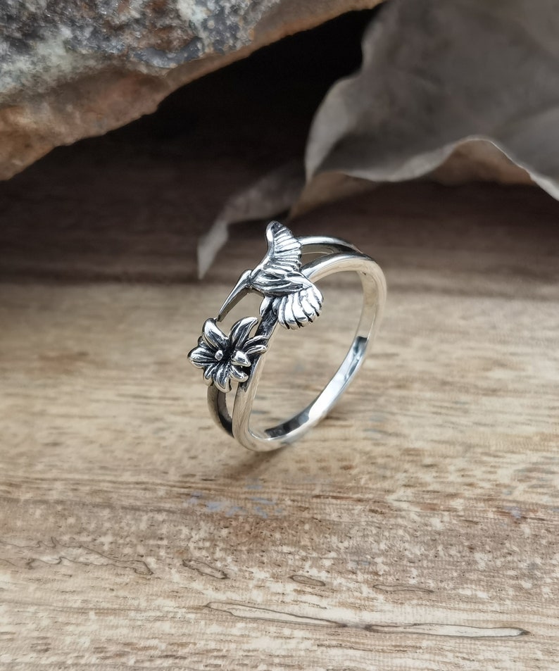 Sterling Silver Ring Hummingbird Handmade Solid Floral 925 Etsy