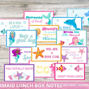 May include: A set of printable lunchbox notes featuring a mermaid theme. The notes have various colors and designs, including pink, blue, yellow, and green. The notes feature mermaids, starfish, and seashells. The text on the notes includes phrases like "Sea you later!" and "Have a great day!"