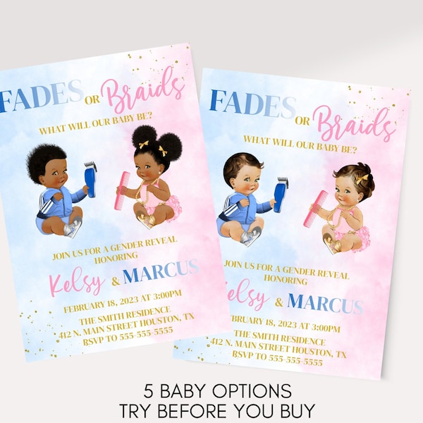 Fades or Braids Invitation - Gender Reveal - Editable - Printable - Invitation template - Digital download