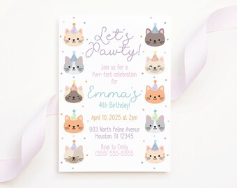May include: A pink and purple invitation with a cat theme. The invitation says "Let's Pawty!" and is for Emma's 4th birthday. The invitation includes the date, time, address, and RSVP information.