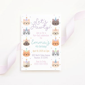 May include: A pink and purple invitation with a cat theme. The invitation says "Let's Pawty!" and is for Emma's 4th birthday. The invitation includes the date, time, address, and RSVP information.