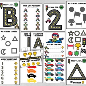 Actividades preescolares - Coche de carreras - Imprimible - Letras - Contar - Números - Formas - Colores - Emparejar - Calcar - Descarga instantánea