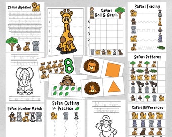 Vorschulaktivitäten - Printable - Safari - Homeschool - Ressourcen für Lehrer - Sofortiger Download - Puzzle - Ablaufverfolgung - Formen - Zählen - Abcs