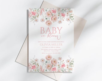 Baby in bloom invite - Editable - Printable - Pink floral - Invitation template - Baby Shower - Digital Download
