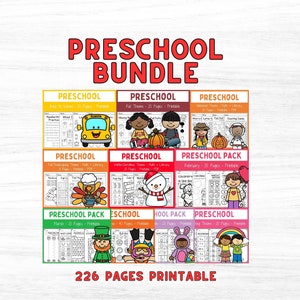 May include: A collection of printable preschool worksheets for different months of the year. The worksheets feature various themes, including back to school, fall, winter, Thanksgiving, Christmas, February, March, and spring. The worksheets include activities such as handwriting practice, counting, matching, and coloring. The text on the image reads "Preschool Bundle" and "226 Pages Printable".