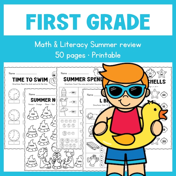 First Grade - Summer Review - Worksheets - Printable - Homeschool - Teacher Resources - Instant Download
