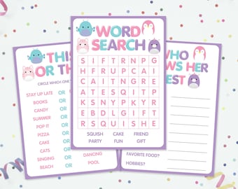 Kids Games - Printable - Squish Birthday - Instant Download - Party Games - 5x7 cards - Word Search - This or That - Coloring page