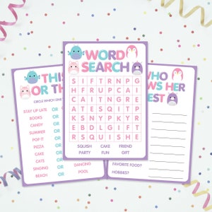 Kinderspellen - Afdrukbaar - Squish Verjaardag - Instant Download - Party Games - 5x7 kaarten - Woordzoeker - Dit of dat - Kleurplaat