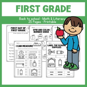 May include: A set of printable worksheets for first grade students. The worksheets include activities such as drawing a picture of yourself, counting blocks, and labeling school supplies. The worksheets are designed to help students learn about numbers, shapes, and colors.