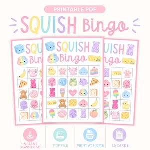 May include: A printable PDF game titled SQUISH Bingo featuring three game cards with a grid of pastel-coloured illustrations including a gummy bear, axolotl, duck, slice of pizza, banana, doughnut, and bread. The design includes icons for instant download.