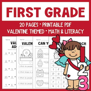 May include: A set of 20 printable Valentine's Day themed worksheets for first grade. The worksheets feature maths and literacy activities, including addition, subtraction, counting, and word searches. The worksheets are decorated with hearts, cupids, and other Valentine's Day imagery.