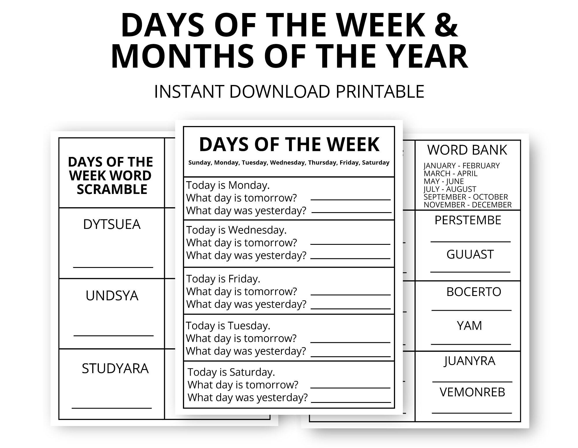 Days of the week months of the year Printable Worksheets | Etsy