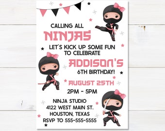 Ninja invitation - Editable - Printable - Girls birthday invite - Invitation template