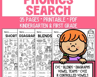 Phonics Worksheets - Printable - Ispy - Search - Cvc - Diagraphs - Blends - Cvce - Vowel Teams - R Controlled Vowels - Kinder - First Grade