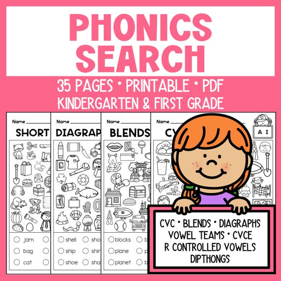 Phonics Worksheets - Printable - Ispy - Search - Cvc - Diagraphs - Blends - Cvce - Vowel Teams - R Controlled Vowels - Kinder - First Grade