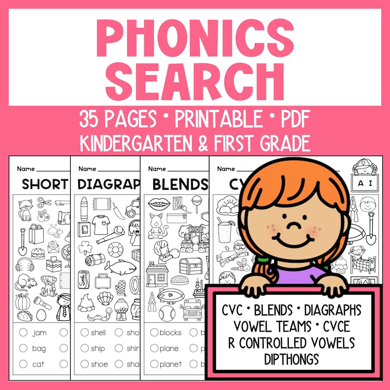 May include: Pink educational printable with the text "PHONICS SEARCH" and "KINDERGARTEN & FIRST GRADE." The worksheets include activities for short vowels, digraphs, blends, and more. A cartoon child holds a sign with phonics terms.