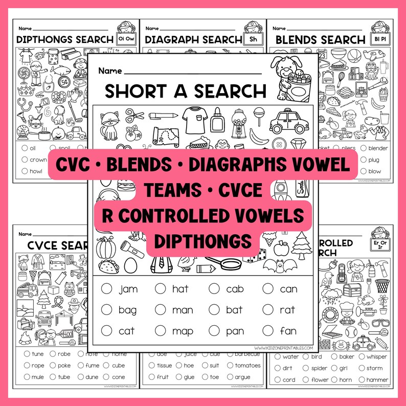 May include: Black and white printable worksheets for early literacy. The worksheets include word searches for diphthongs, digraphs, blends, and short vowel sounds. The worksheets are designed for children to practice phonics skills. The text on the worksheets includes "Short A Search" and "CVC Blends".