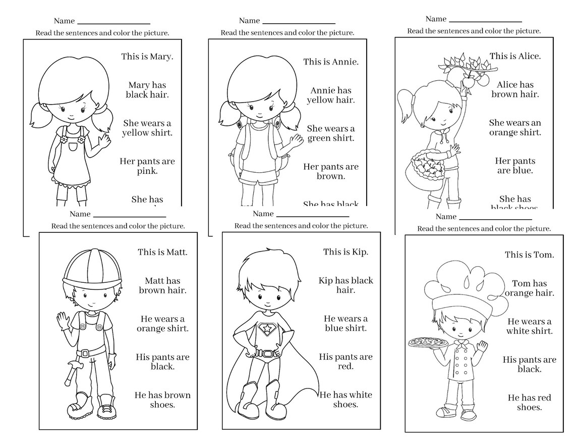 Read and Color - Kindergarten - First Grade - Worksheets - Printable ...