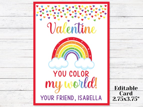 Editable Valentine's Card Printable You Color My World | Etsy