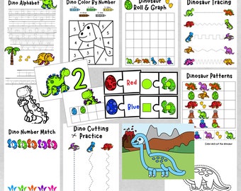 May include: A printable worksheet set for kids featuring dinosaur-themed activities. The set includes activities like tracing, coloring by number, matching numbers, cutting practice, and a dinosaur roll and graph activity. The worksheets are black and white with colorful dinosaur illustrations.