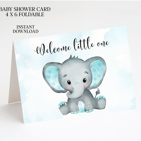 Baby shower card - Printable - Boy - Elephant - Watercolor - Instant download - Pdf - 4x6 - Folding - Foldable - Welcome - Blue