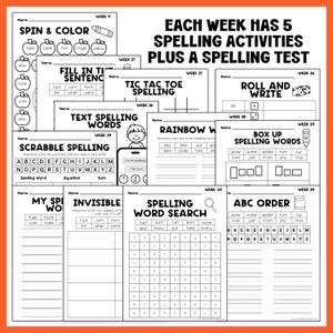 May include: A printable spelling workbook with various activities, including word searches, fill-in-the-blank, and Scrabble-style exercises. The workbook is designed for weekly lessons and includes a spelling test. The title reads: "EACH WEEK HAS 5 SPELLING ACTIVITIES PLUS A SPELLING TEST."
