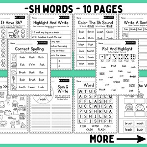 May include: Black and white printable worksheets for teaching children about the "sh" sound in English. The worksheets include activities such as coloring, writing, spelling, and word searches. The worksheets are labeled with the title "SH WORDS - 10 PAGES".