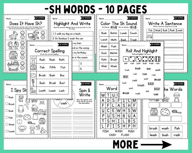 May include: Black and white printable worksheets for teaching children about the "sh" sound in English. The worksheets include activities such as coloring, writing, spelling, and word searches. The worksheets are labeled with the title "SH WORDS - 10 PAGES".