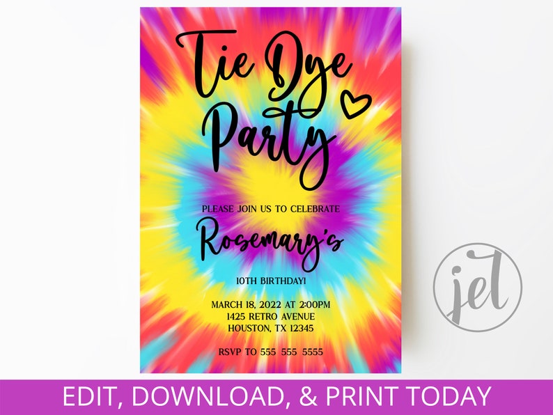 Tie Dye Invitation Birthday Party Instant Download Etsy