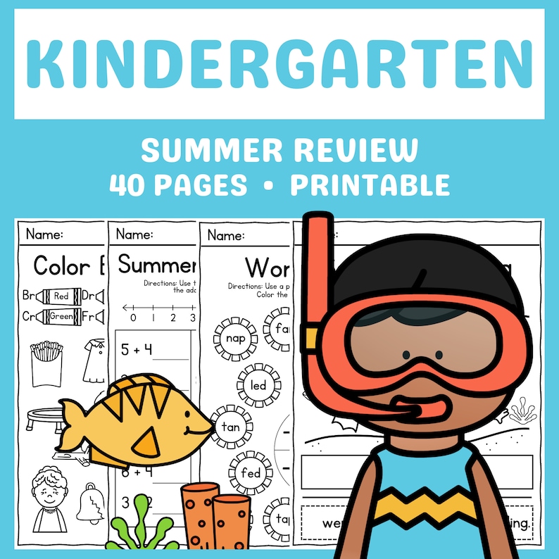 May include: A printable worksheet for kindergarten students featuring a summer theme. The worksheet includes activities such as coloring, word recognition, and math problems. The worksheet is designed to help students review key skills learned during the school year.