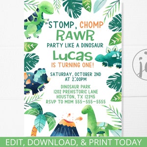 May include: A dinosaur-themed birthday party invitation with a green, orange, and blue color scheme. The invitation features a watercolor illustration of a dinosaur with the text "STOMP, CHOMP, RAW PARTY LIKE A DINOSAUR Lucas IS TURNING ONE!"  The invitation also includes the date, time, and location of the party.