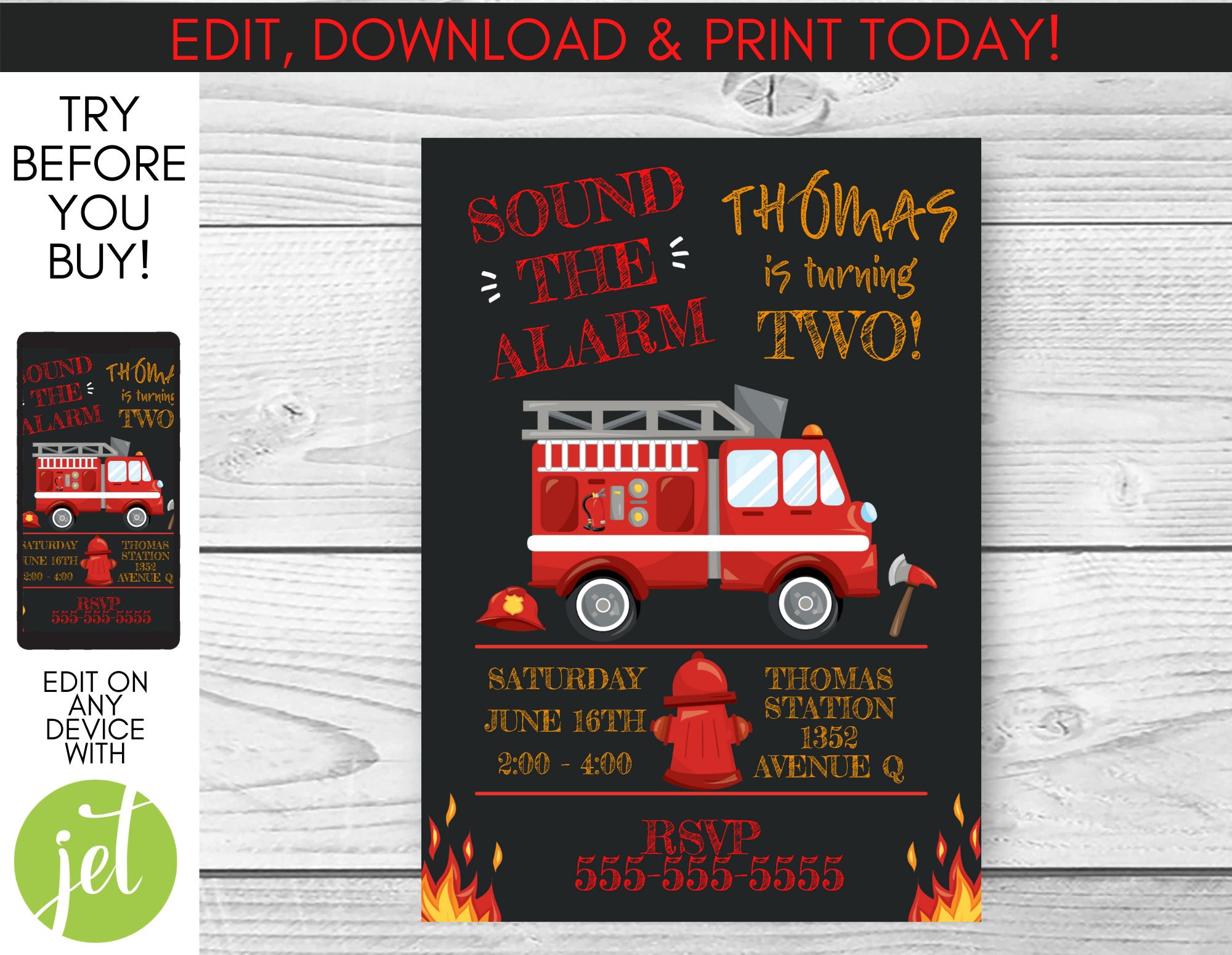 Firefighter birthday invitation Editable Invitation | Etsy
