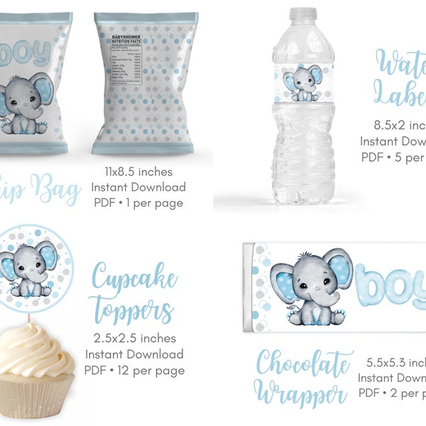 Baby shower de elefante - Paquete - Descarga instantánea - Imprimible - Bolsa de chips - Etiquetas de agua - Toppers de cupcakes - Envoltorio de chocolate