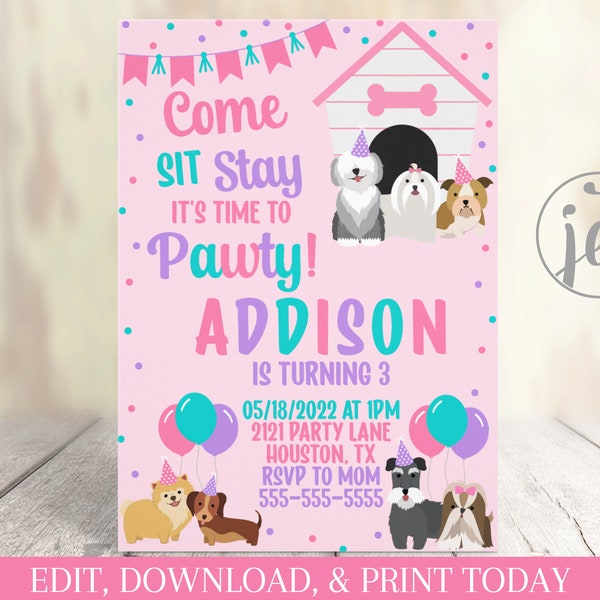 Puppy Invitation - Editable - Printable - Birthday Pawty - Invitation template - Pet adoption party