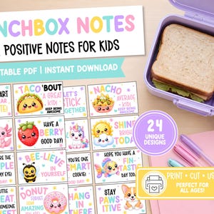 May include: A set of 24 printable lunchbox notes for kids featuring colorful illustrations of food and animals with positive text. The notes include phrases like Let's Start This Year Off Write, Have A Berry Good Day, and Bee-lieve In Yourself.