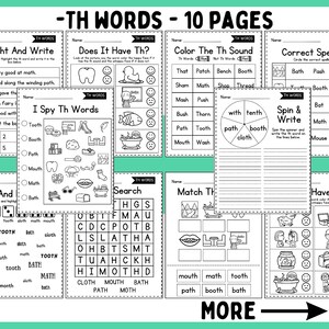 May include: Black and white printable worksheets for teaching the "th" sound in English. The worksheets include activities like highlighting words, matching pictures to words, and spelling words. The worksheets are designed for young learners.