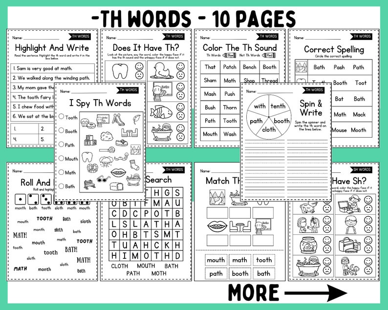 May include: Black and white printable worksheets for teaching the "th" sound in English. The worksheets include activities like highlighting words, matching pictures to words, and spelling words. The worksheets are designed for young learners.