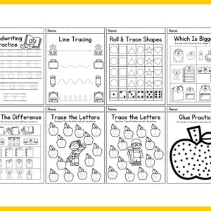 May include: Black and white printable worksheet for preschoolers with activities such as handwriting practice, line tracing, shape tracing, finding differences, tracing letters, and glue practice. The worksheet features a school theme with images of backpacks, apples, and pencils.