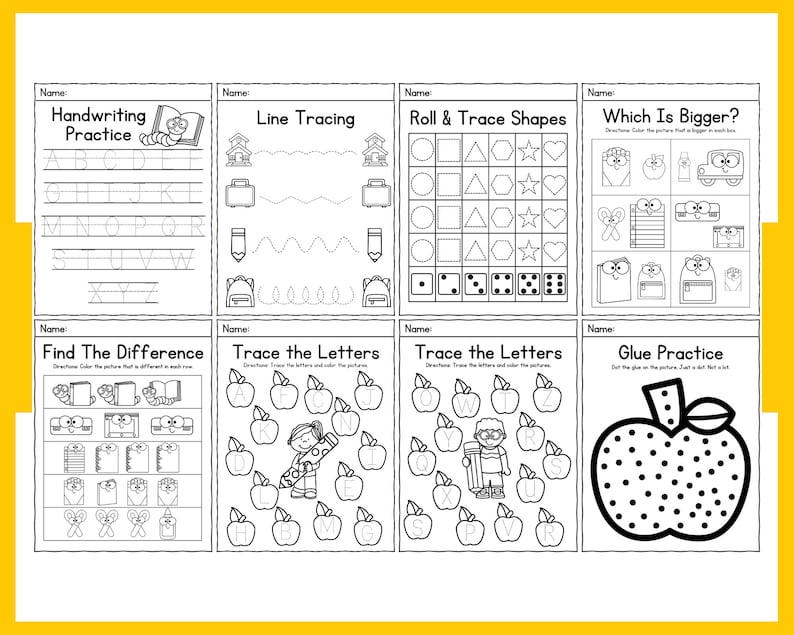May include: Black and white printable worksheet for preschoolers with activities such as handwriting practice, line tracing, shape tracing, finding differences, tracing letters, and glue practice. The worksheet features a school theme with images of backpacks, apples, and pencils.