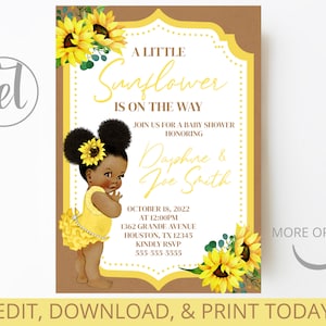 Bearbeitbare Einladung - Sonnenblume-Babyparty - Geburtstag - Einladungsvorlage - Printable